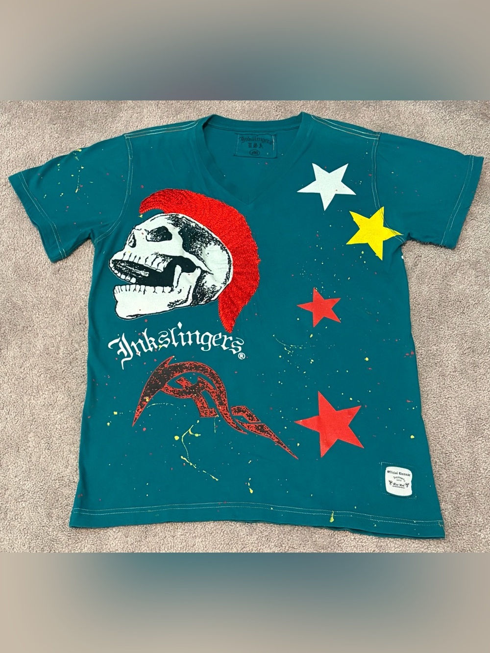 Inkslingers USA Men’s Blue Moe Teal Mohawk Skull V Neck T Shirt Size Medium